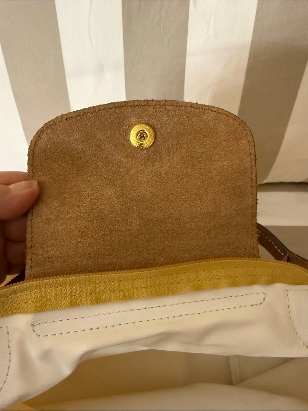 Longchamp Nylon Tote in Mustard Yellow with Brown Leather Trim